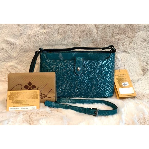 NWT Patricia Nash Aimee Teal Metallic Floret Tooled Crossbody P1085528 - Picture 3 of 14